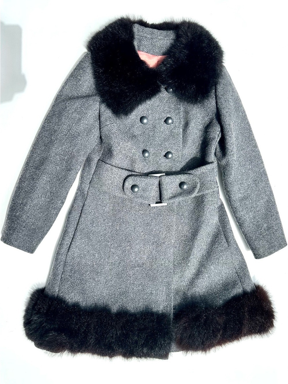 Genuine Fur Trimmed Gray Wool Belted Coat, Union Made, Vintage, S